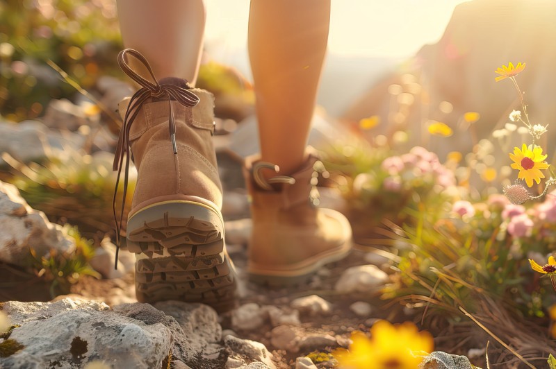 pies de una persona con botas de campo caminando por una montaña, estableciendo una metáfora con el comienzo de la realización de cursos sobre desarrollo personal